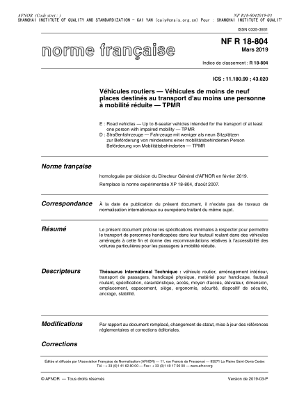 NF R18-804-2019  Road vehicles - Up to 8-seater vehicles intended for the transport of at least one person with impaired mobility