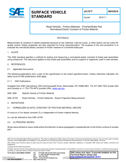 SAE J3175-2019  Road Vehicles - Friction Materials - Finished Brake Pad Normalized Elastic Constant Of Friction Material