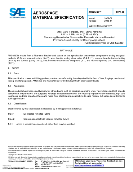SAE AMS6497B-2018  Steel Bars, Forgings, And Tubing, Nitriding 1.4Cr - 1.2Mo - 0.3V (0.29 - 0.36C) Electroslag Remelted Or Consumable Electrode Vacuum Remelted Premium Aircraft-Quality For Bearing Applications (Uns K23280)