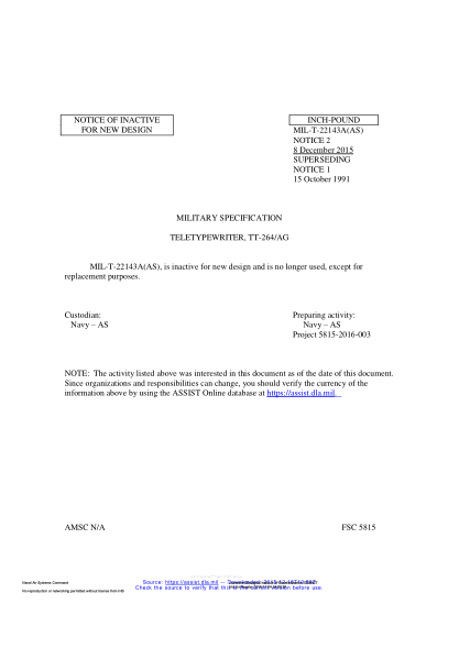NAVY MIL-T-22143A NOTICE 2-2015  Teletypewriter,Tt-264/Ag