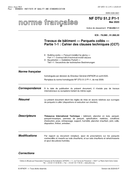 NF P63-202-1-1-2020  Building works - Parquet installed by gluing - Part 1-1 : contract bill of technical model clauses