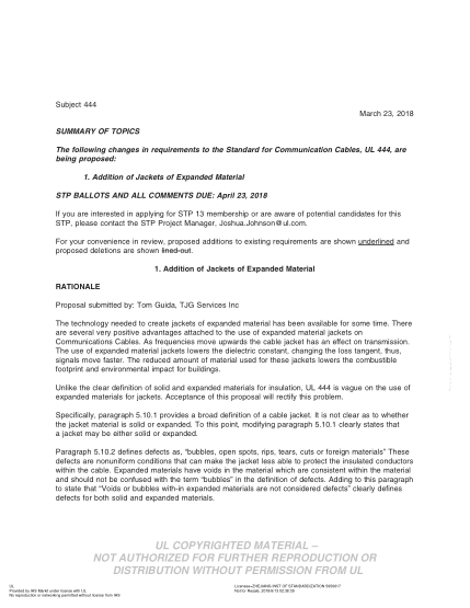 UL 444 BULLETIN/2-2018  Ul Standard For Safety Communications Cables (Comments Due: April 23, 2018)