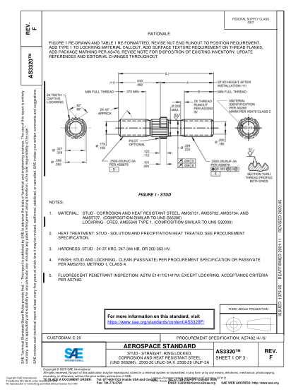 SAE AS3320F-2020  Stud - Straight, Ring Locked, Corrosion And Heat Resistant Steel (Uns S66286), .2500-20 Unjc-3A X .2500-28 Unjf-3A