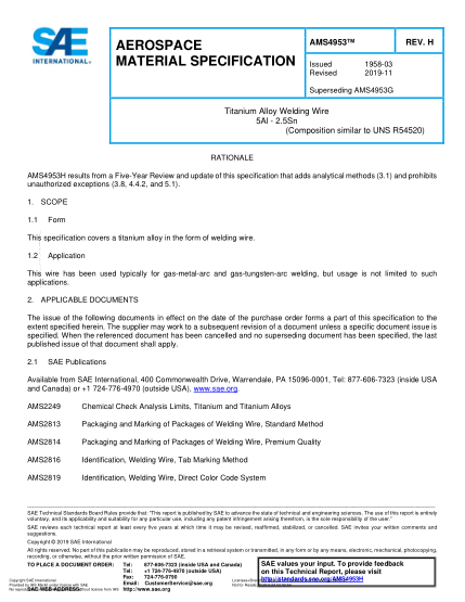 SAE AMS4953H-2019  Titanium Alloy Welding Wire 5Al - 2.5Sn (UNS R54520)