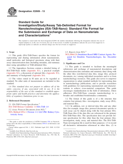 ASTM E2909-2013纳米技术用调查/研究/试验制表符分隔的格式指南：纳米材料和特性数据提交和交换用raybet雷电竞电竞app下载地址文件格式Standard Guide for Investigation/Study/Assay Tab-Delimited Format for Nanotechnologies (ISA-TAB-Nano):Standard File Format for the Submission and Exchange of Data on Nanomaterials and Characteriz