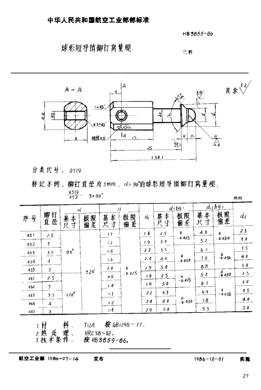 HB 3855-1986球形短导销铆钉窝量规