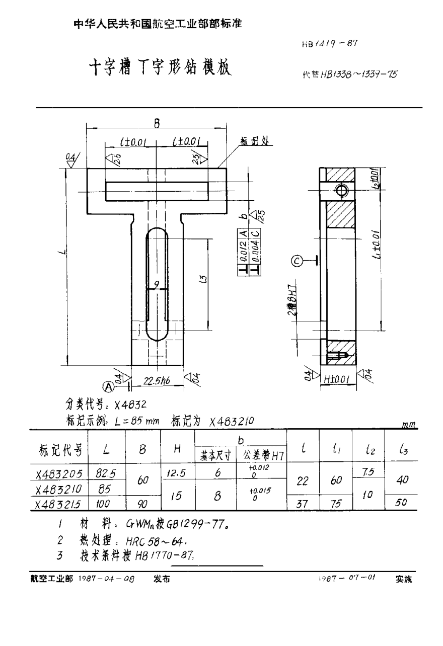 HB 1419-1987十字槽Ｔ字形钻模板
