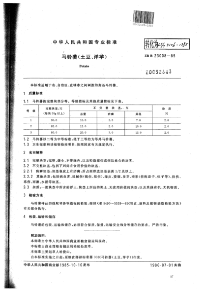 LS/T 3106-1985马铃薯(土豆、洋芋)Potato