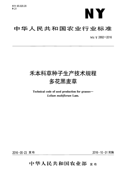 NY/T 2892-2016禾本科草种子生产技术规程 多花黑麦草
