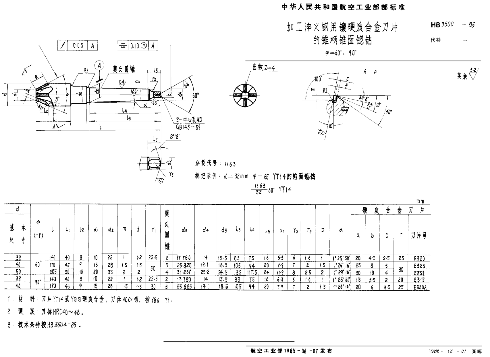 HB 3500-1985加工淬火钢用镶硬质合金刀片的锥柄锥面锪钻 Φ＝６０°、９０°