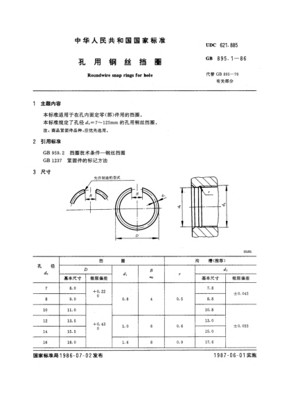 GB/T 895.1-1986孔用钢丝挡圈
