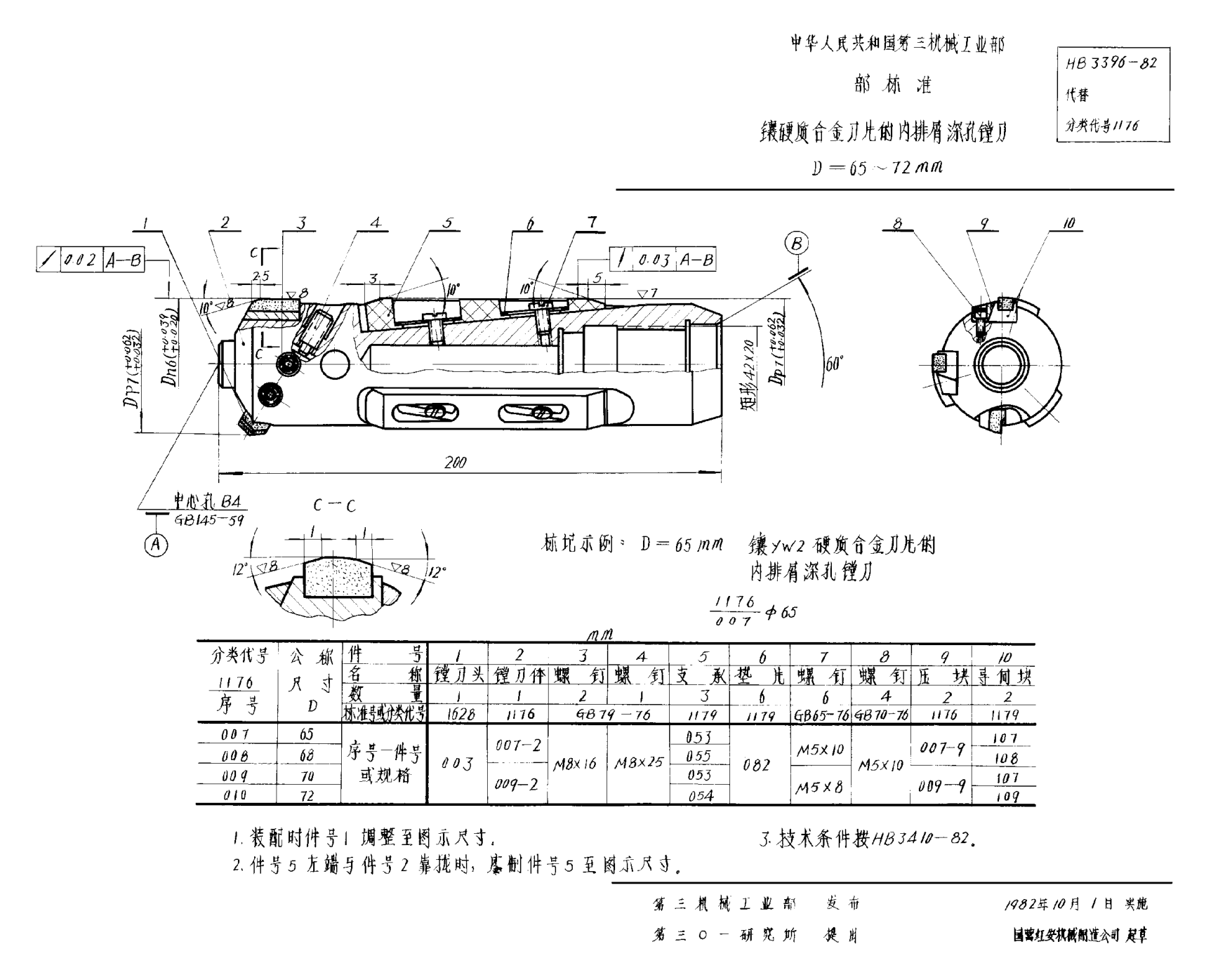 HB 3396-1982镶硬质合金刀片的内排屑深孔镗刀 D＝65~72mm