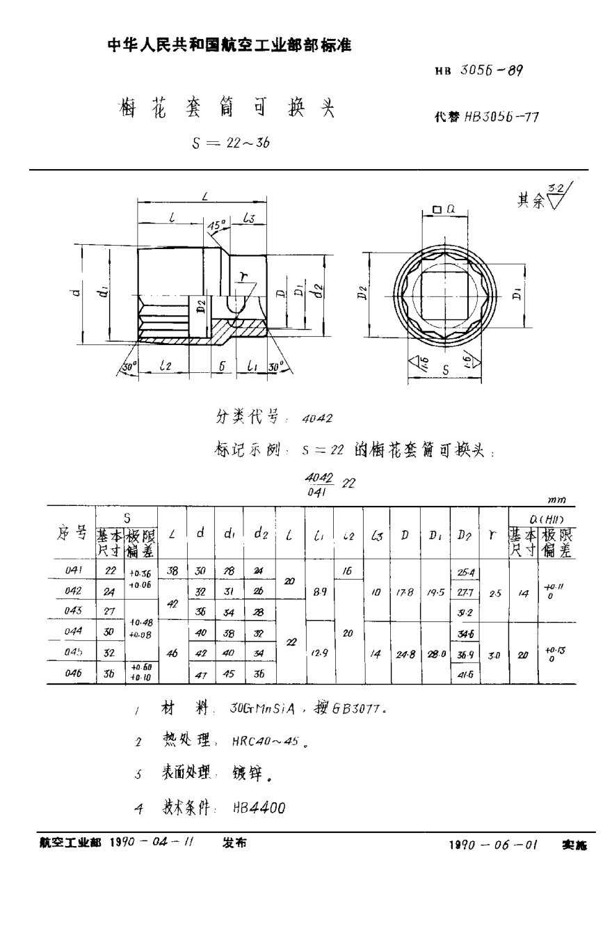 HB 3056-1989梅花套筒可换头 S＝22~36