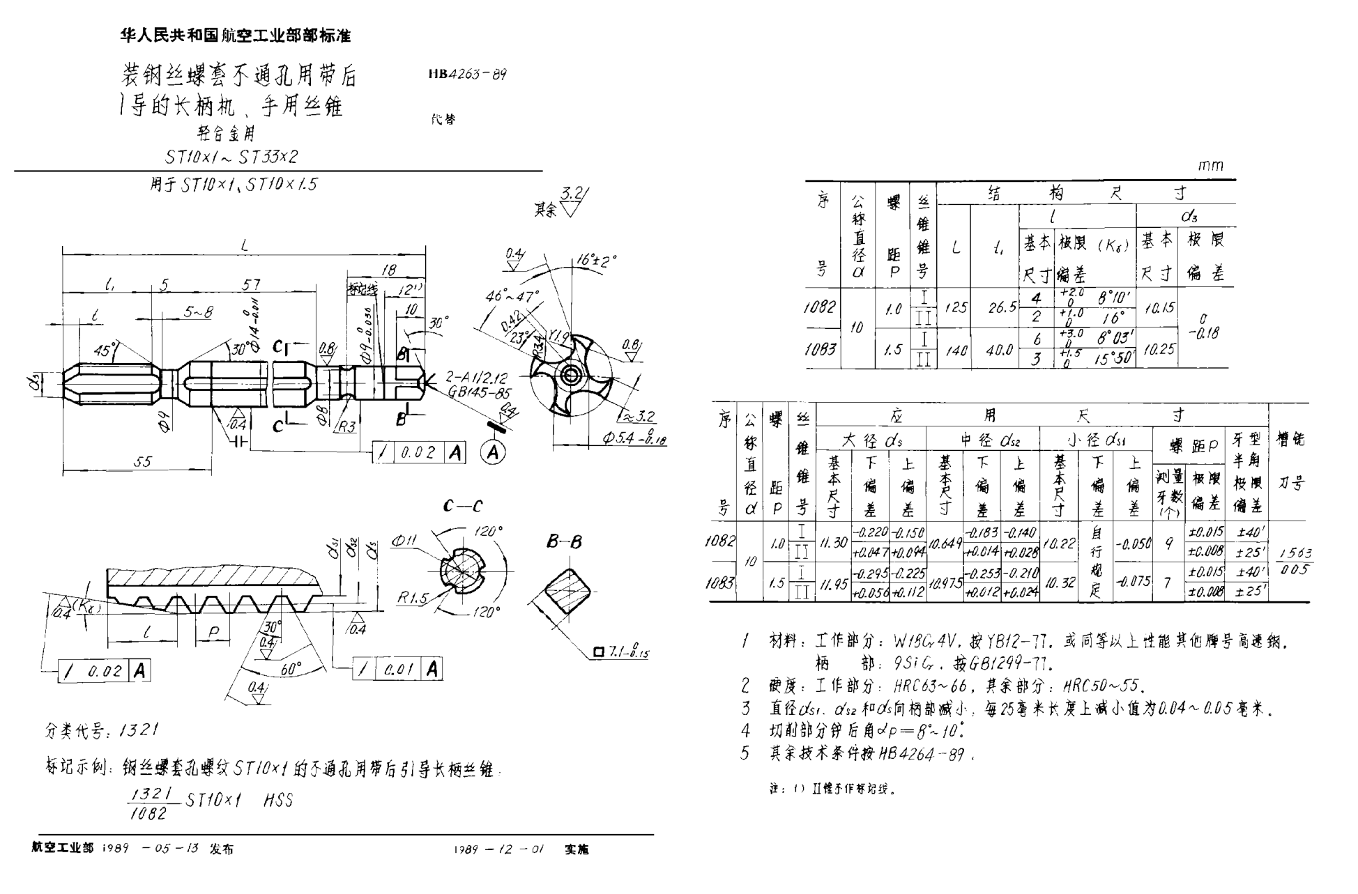 HB 4263-1989安装钢丝螺套不通孔用带后引导的长柄机、手用丝锥u3000轻合金用u3000ＳＴ１０×１~ＳＴ３３×２