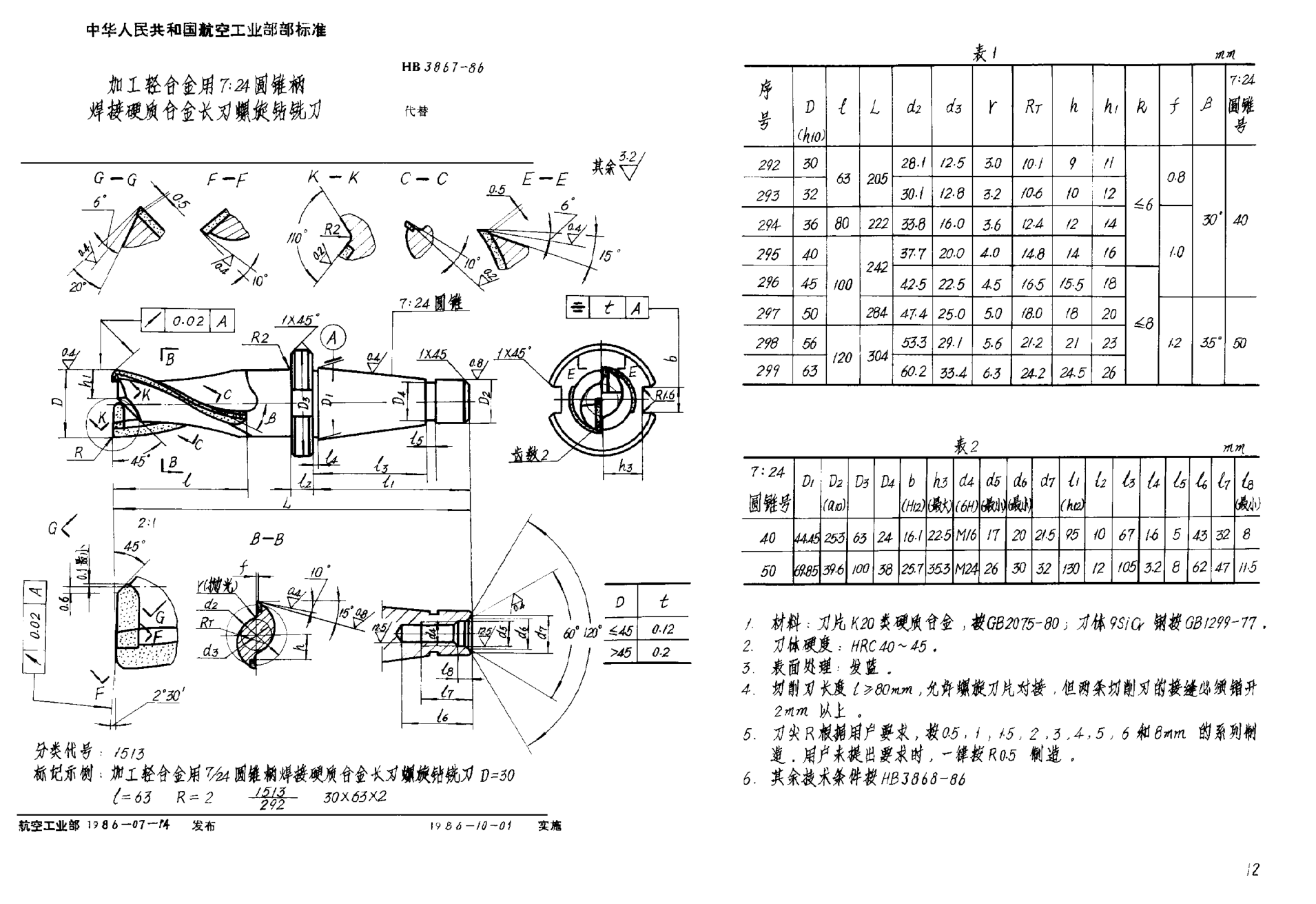 HB 3867-1986加工轻合金用７∶２４圆锥柄焊接硬质合金长刃螺旋钻铣刀
