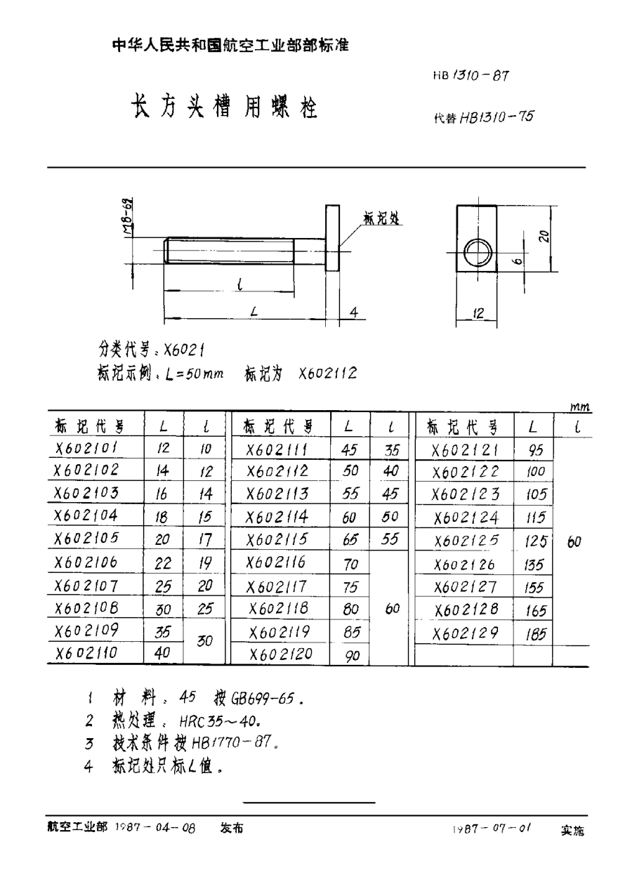 HB 1310-1987长方头槽用螺栓