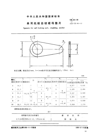 GB/T 961-1988单耳托板自锁螺母垫片Spacers for self-locking nuts,single lug