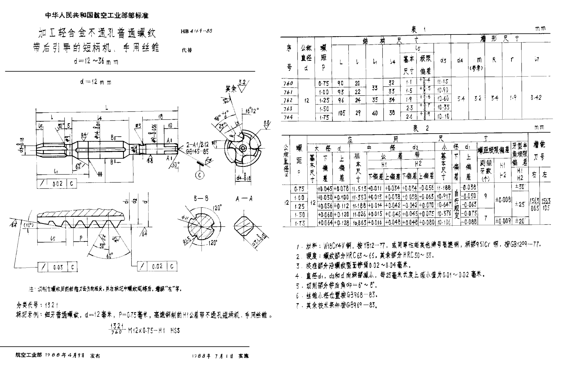 HB 4169-1988加工轻合金不通孔普通螺纹带后引导的短柄机、手用丝锥 ｄ＝１２~３６ｍｍ