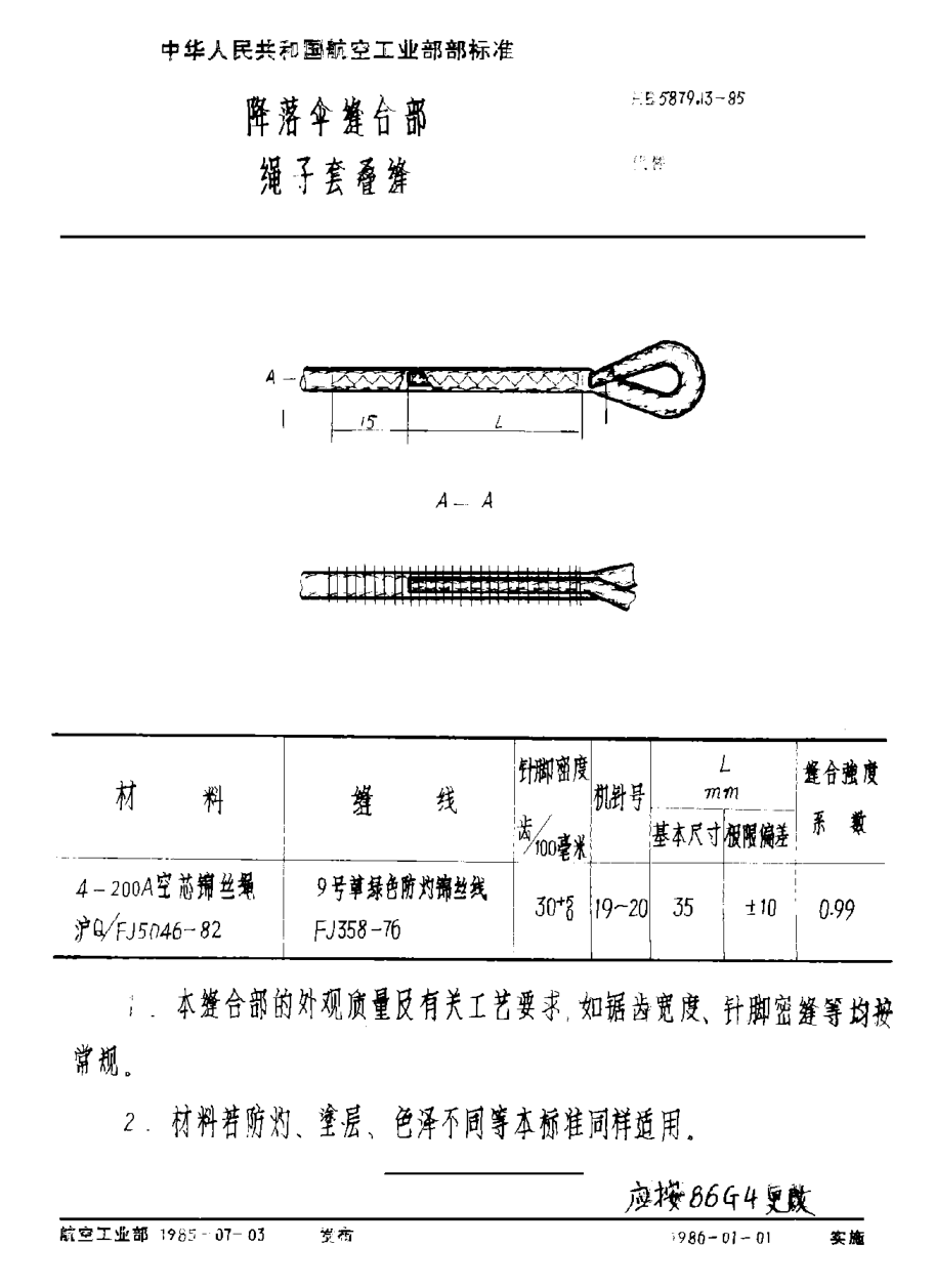 HB 5879.13-1985降落伞缝合部 绳子套叠缝