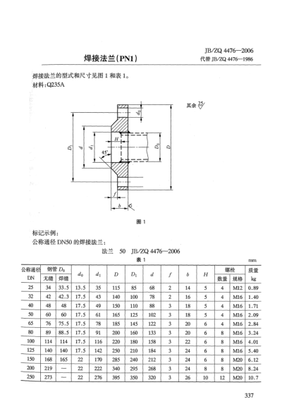 JB/ZQ 4476-2006焊接法兰(PN1)
