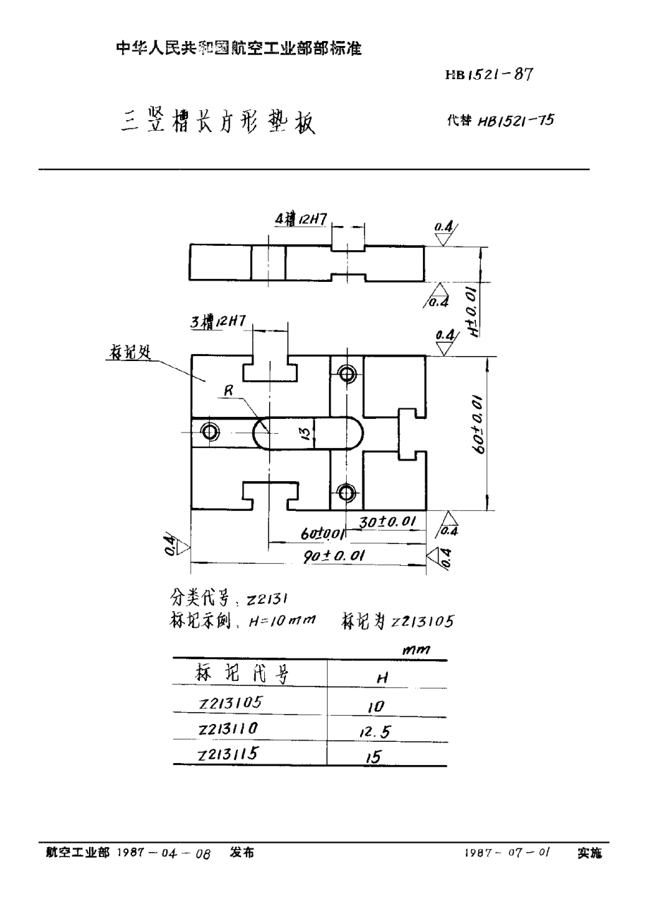 HB 1521-1987三竖槽长方形垫板