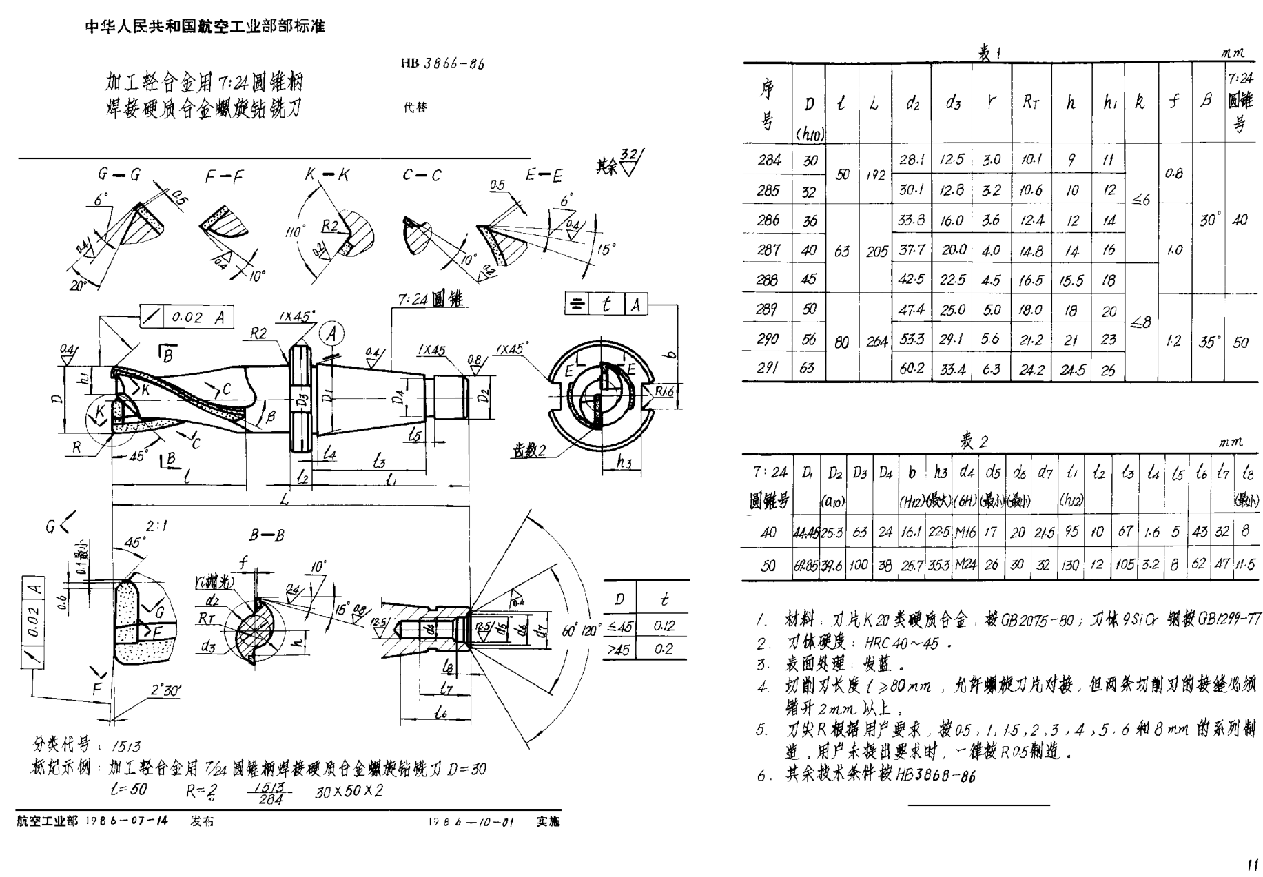 HB 3866-1986加工轻合金用７∶２４圆锥柄焊接硬质合金螺旋钻铣刀