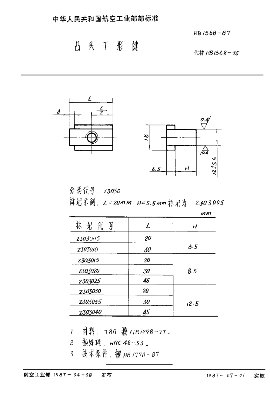 HB 1568-1987凸头Ｔ形键