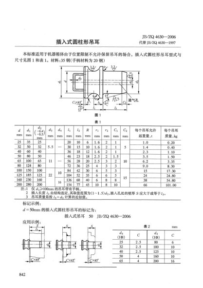 JB/ZQ 4630-2006插入式圆柱形吊耳