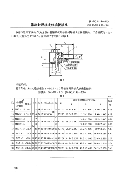 JB/ZQ 4188-2006锥密封焊接式铰接管接头