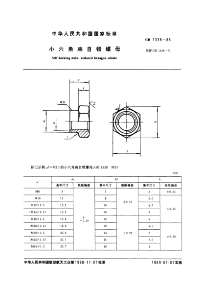 GB/T 1338-1988小六角扁自锁螺母Self-locking nuts,reduced hexagon oblate