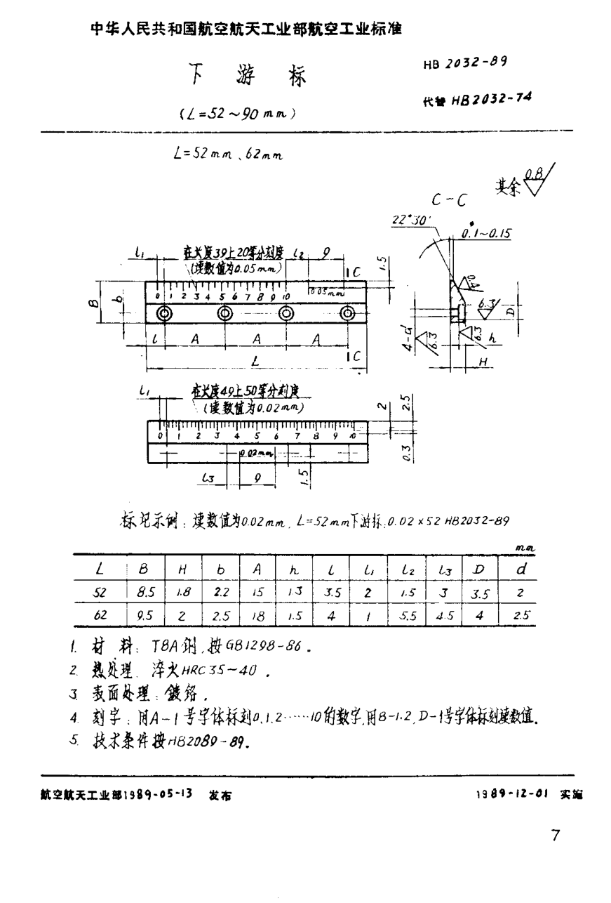 HB 2032-1989下游标 （L＝50~90mm）