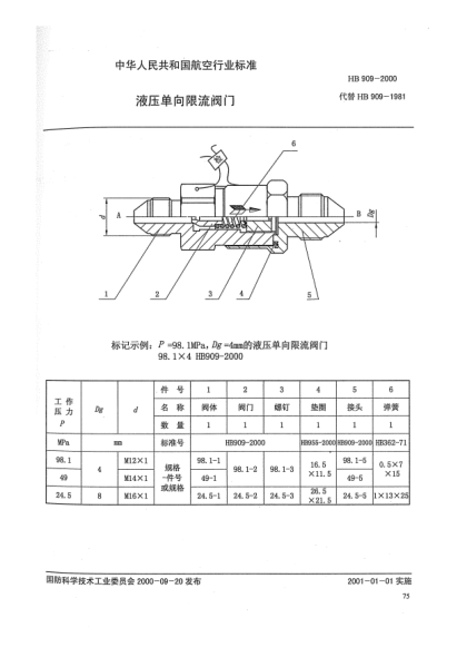 HB 909-2000液压单向限流阀门