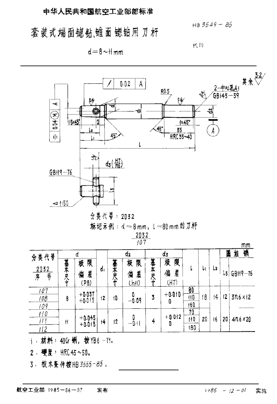 HB 3549-1985套装式端面锪钻、锥面锪钻用刀杆 d＝8~11mm