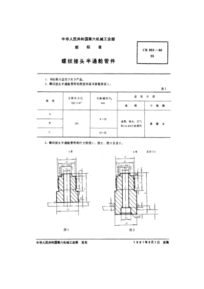 CB 953-1980螺纹接头半通舱管件