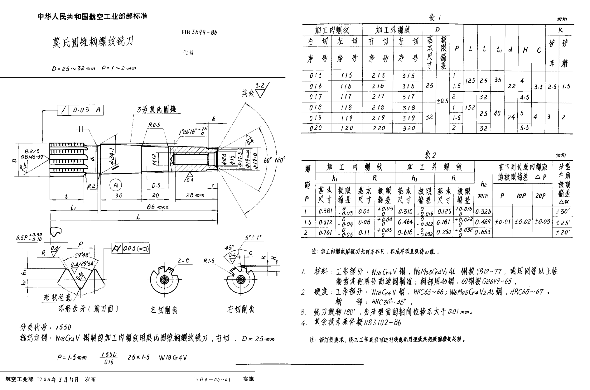 HB 3699-1986莫氏圆锥柄螺纹铣刀 D＝25~32mm P＝1~2mm