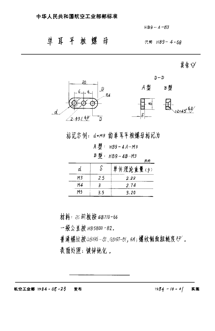 HB 9-4-1983单耳平板螺母