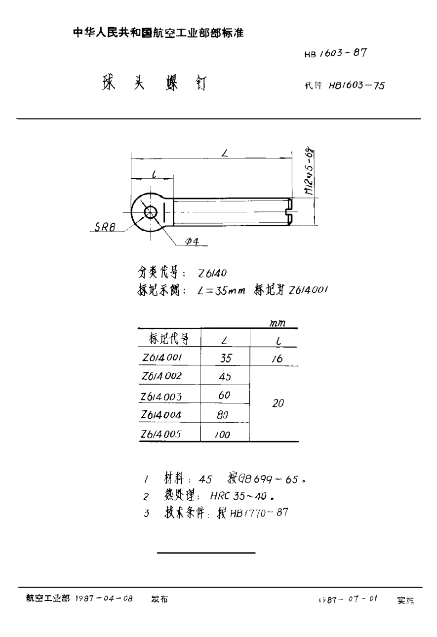 HB 1603-1987球头螺钉