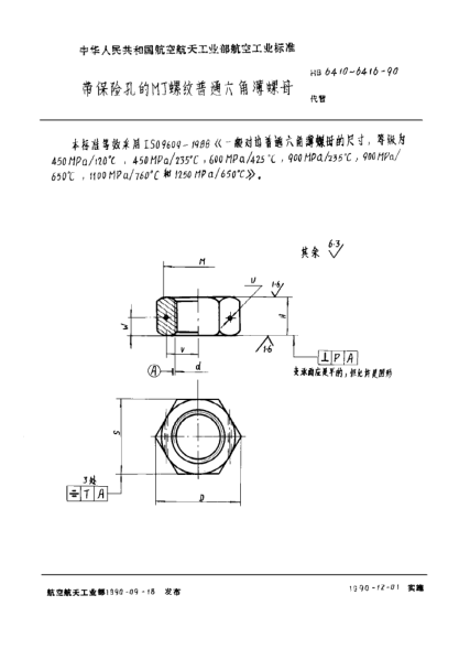 HB 6411-1990带保险孔的ＭＪ螺纹普通六角薄螺母