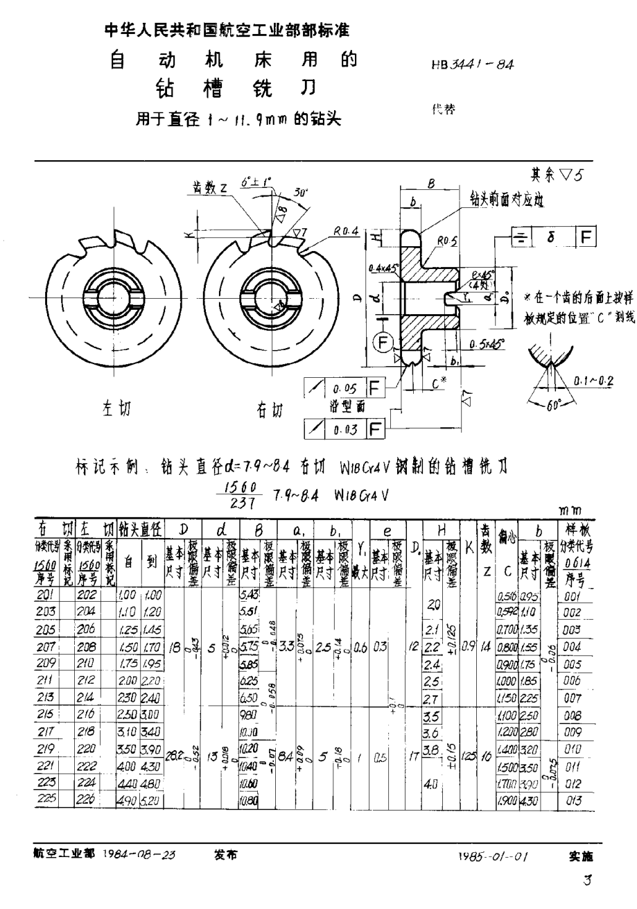 HB 3441-1984自动机床用的钻槽铣刀 用于直径1~11.9mm的钻头