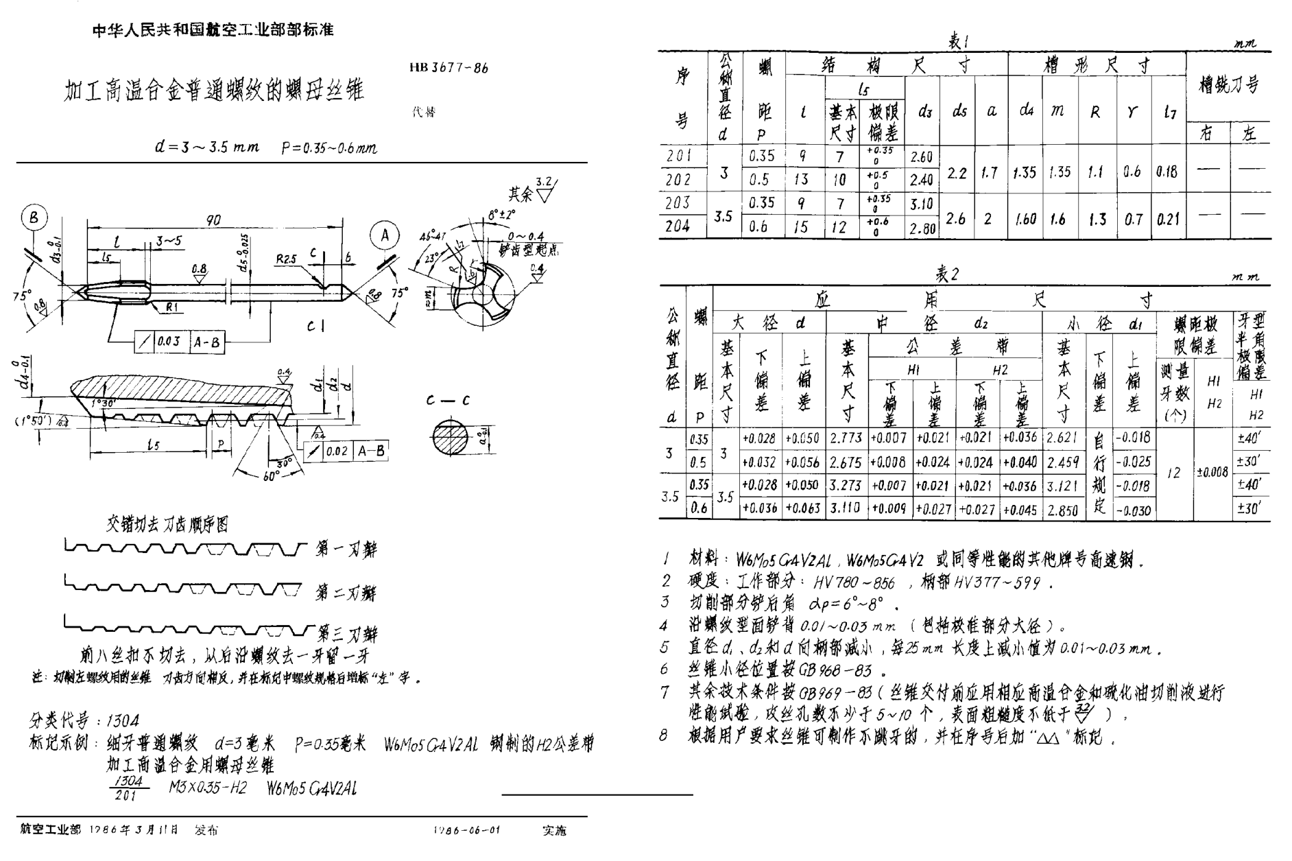 HB 3677-1986加工高温合金普通螺纹的螺母丝锥 d＝3~3.5mm P＝0.35~0.6mm