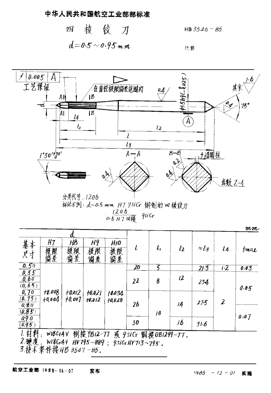HB 3546-1985四棱铰刀 d＝0.5~0.95mm