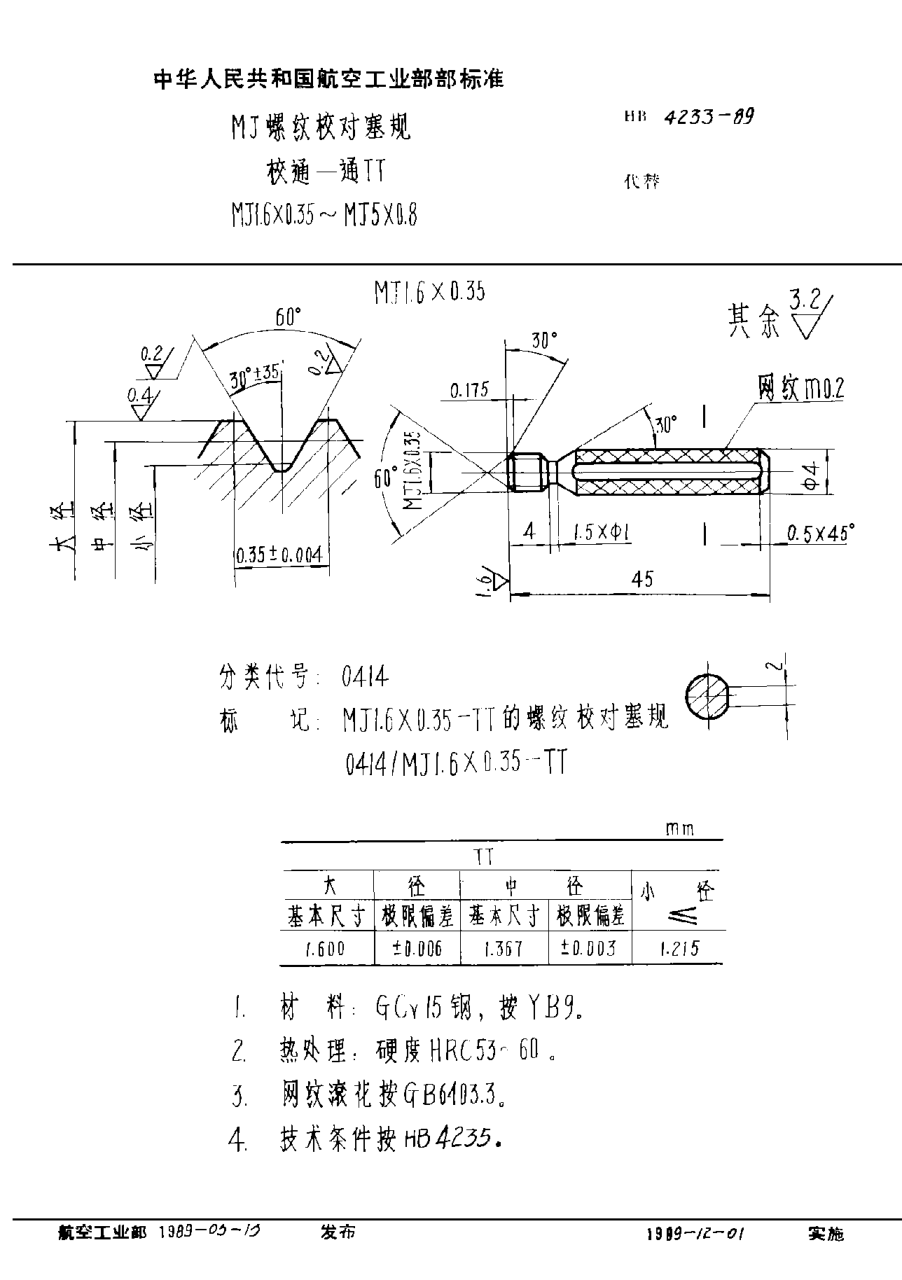 HB 4233-1989ＭＪ螺纹校对塞规 校通－通ＴＴ ＭＪ１．６×０．３５~ＭＪ５×０．８