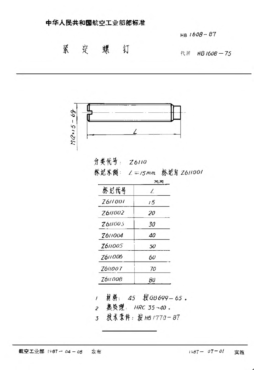 HB 1608-1987紧定螺钉