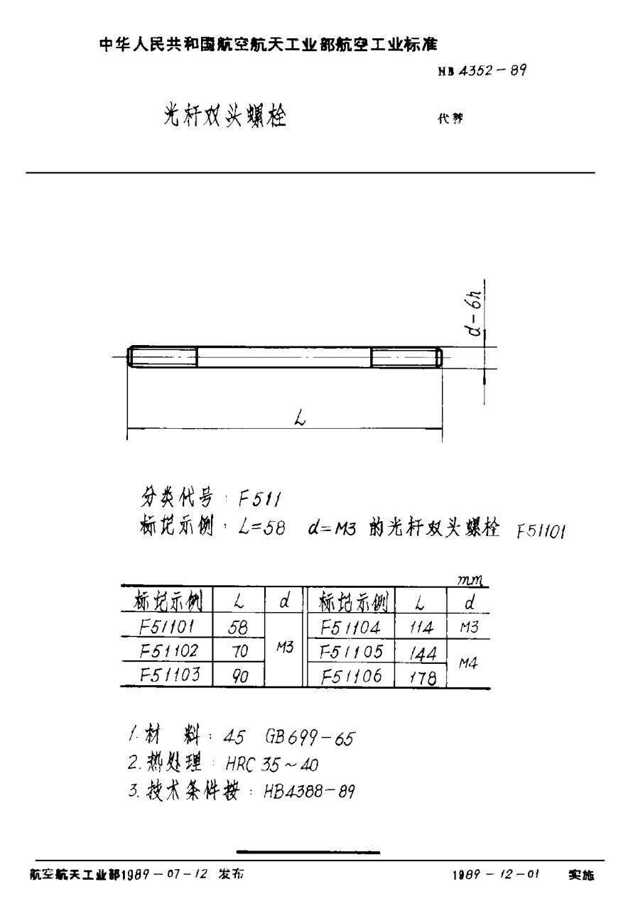 HB 4352-1989光杆双头螺栓