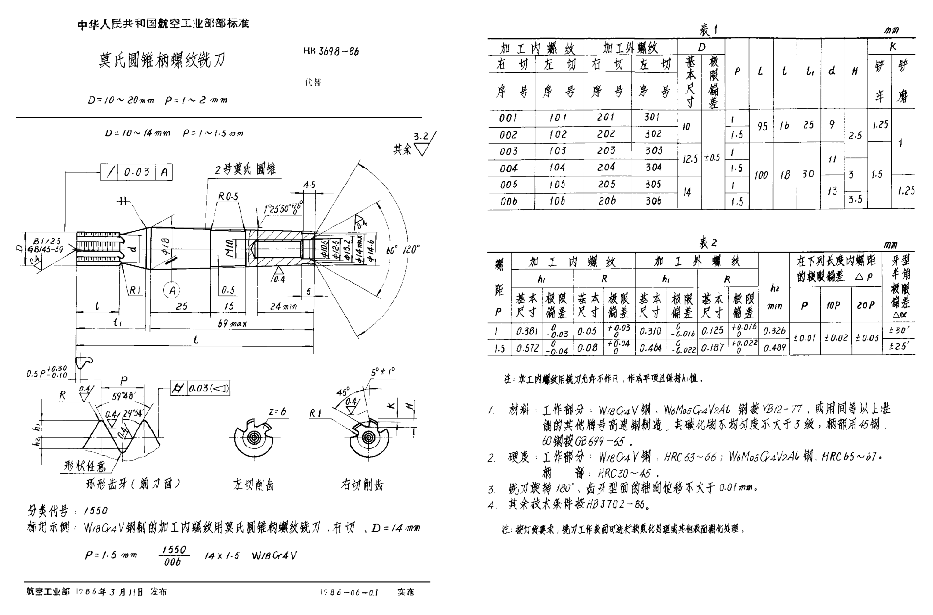 HB 3698-1986莫氏圆锥柄螺纹铣刀 D＝10~20mm P＝1~2mm