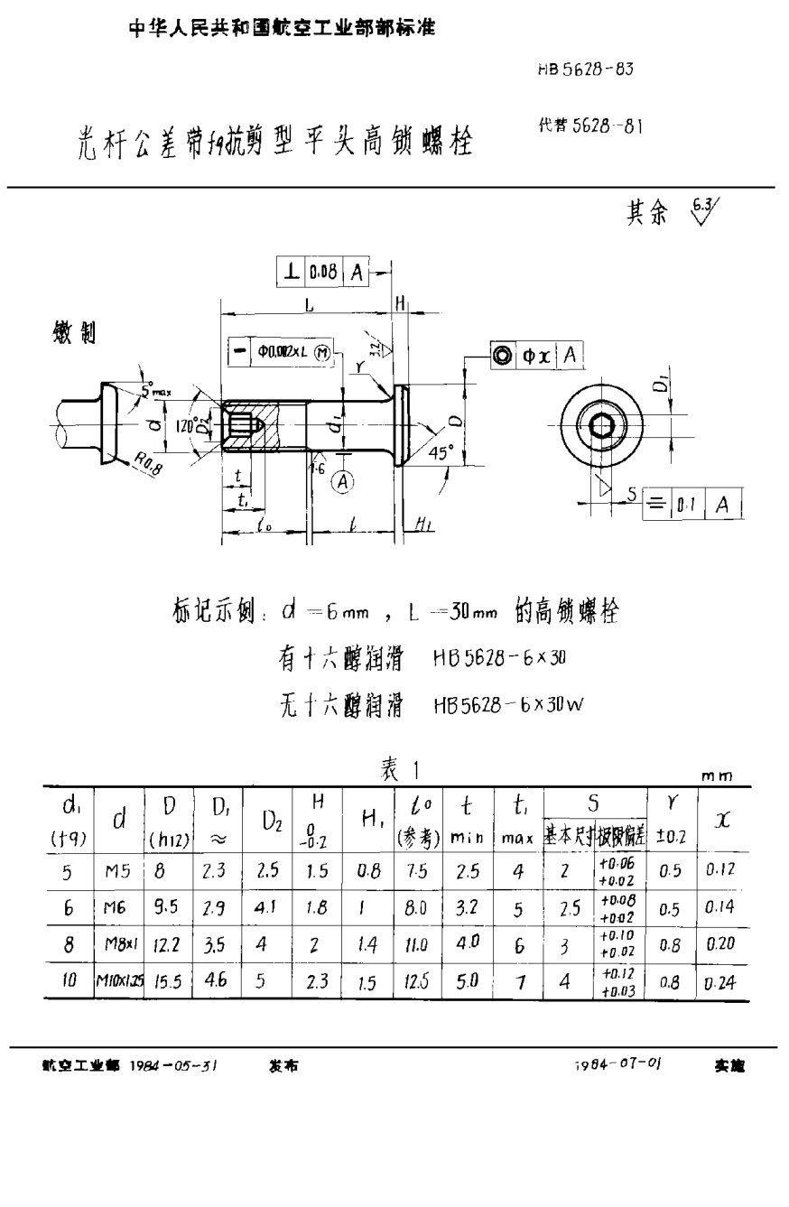 HB 5628-1983光杆公差带ｆ９抗剪型平头高锁螺栓