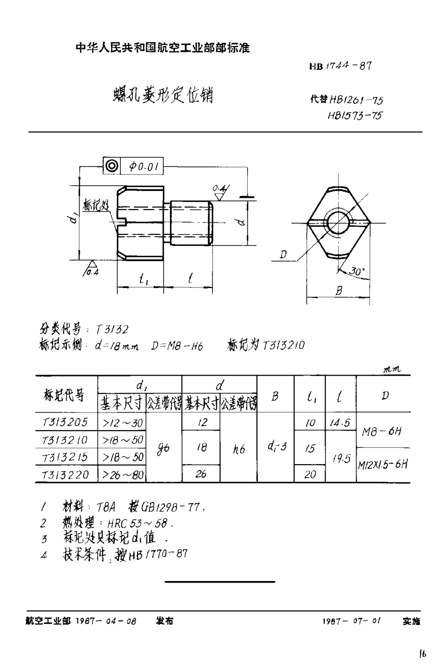 HB 1744-1987螺孔菱形定位销