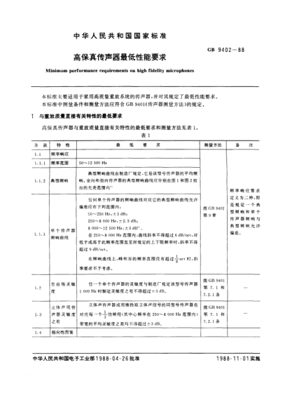 GB/T 9402-1988高保真传声器最低性能要求Minimum performance requirements on high fidelity microphones