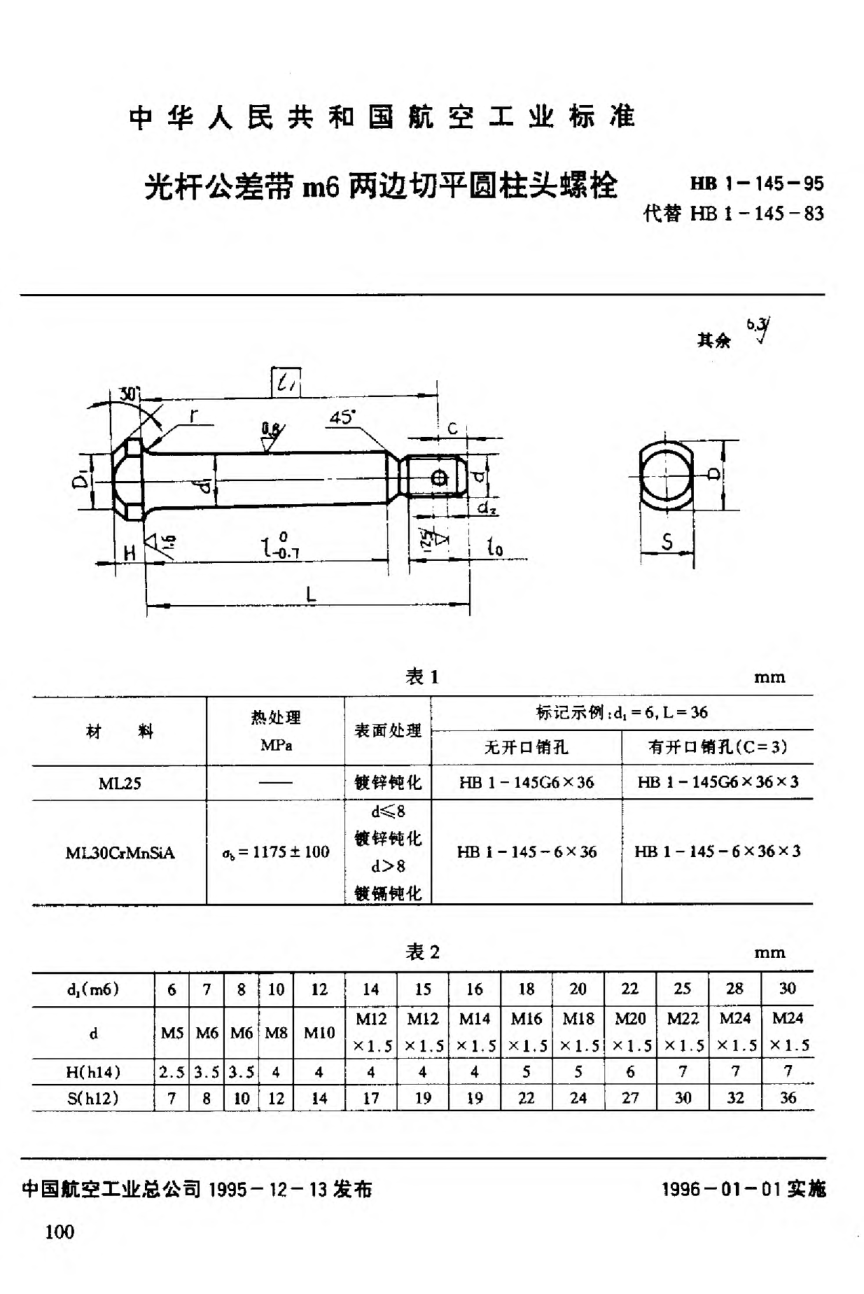 HB 1-145-1995光杆公差带m6两边切平圆柱头螺栓