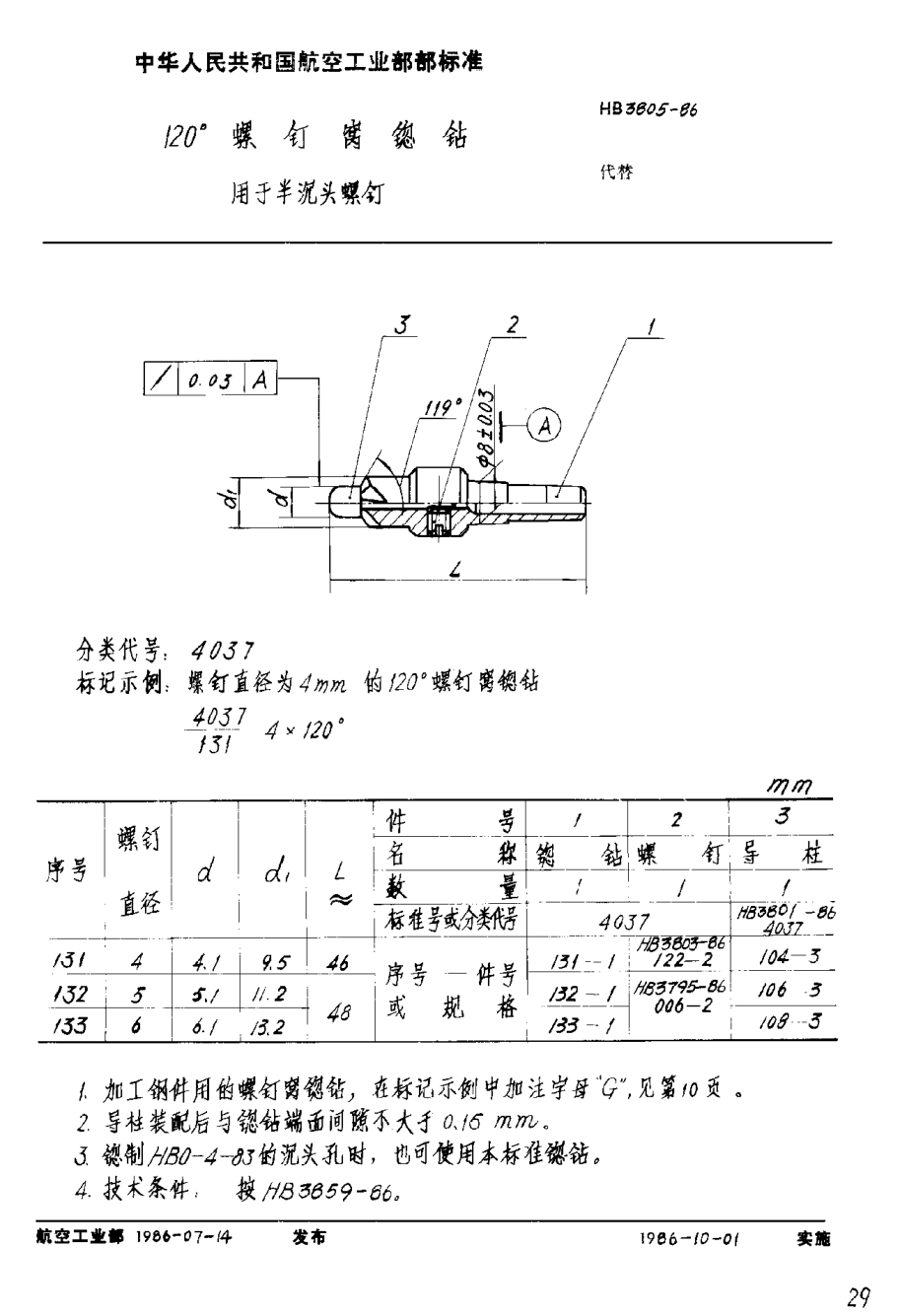HB 3805-1986１２０°螺钉窝锪钻 用于半沉头螺钉